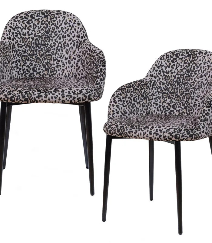 WOOOD Noortje Eetkamerstoel - Polyester - Panterprint - Set Van 2