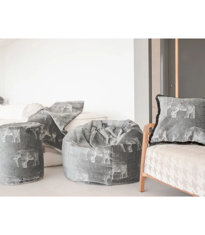 MX HOME Poef Met Grijze Geborduurde Olifanten - Image 2